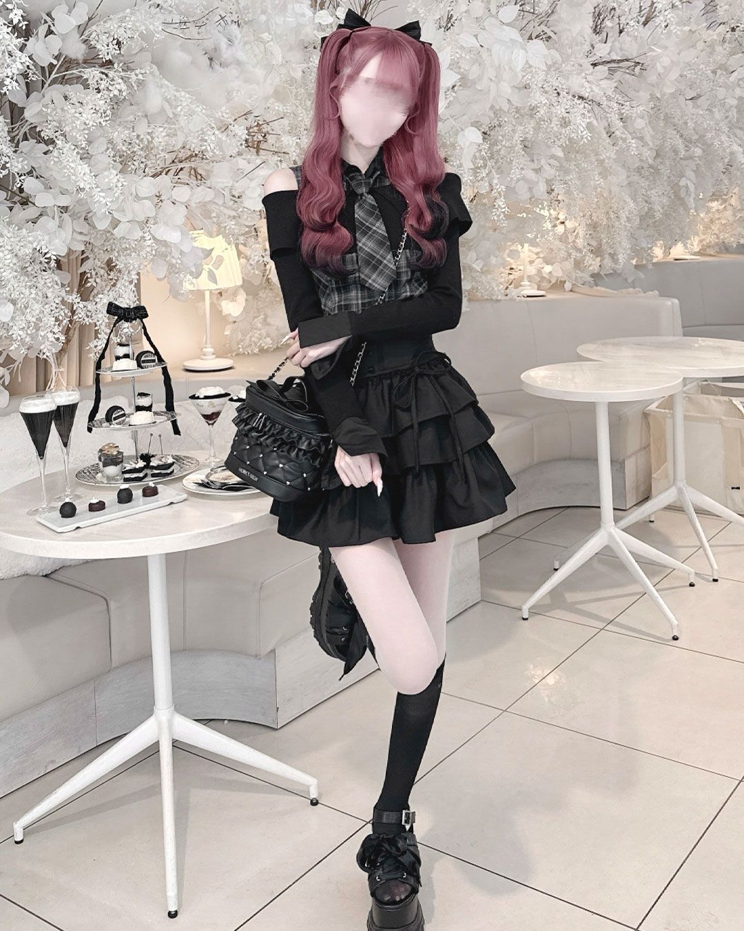 ネクタイ付きオフショルアンサンブルトップス ブラック | ファッション 