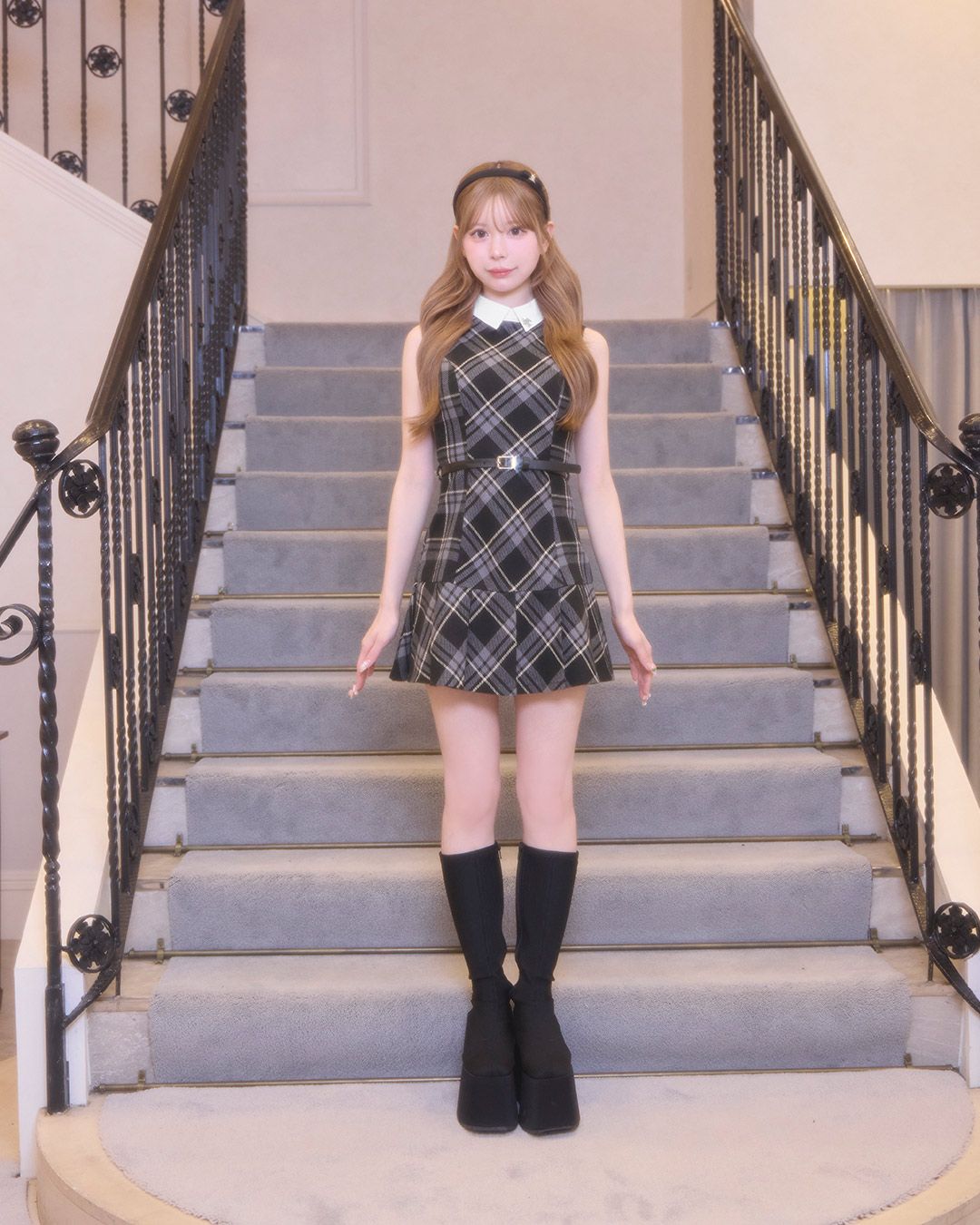 チェックプリーツベルトワンピース ブラック | ファッション通販