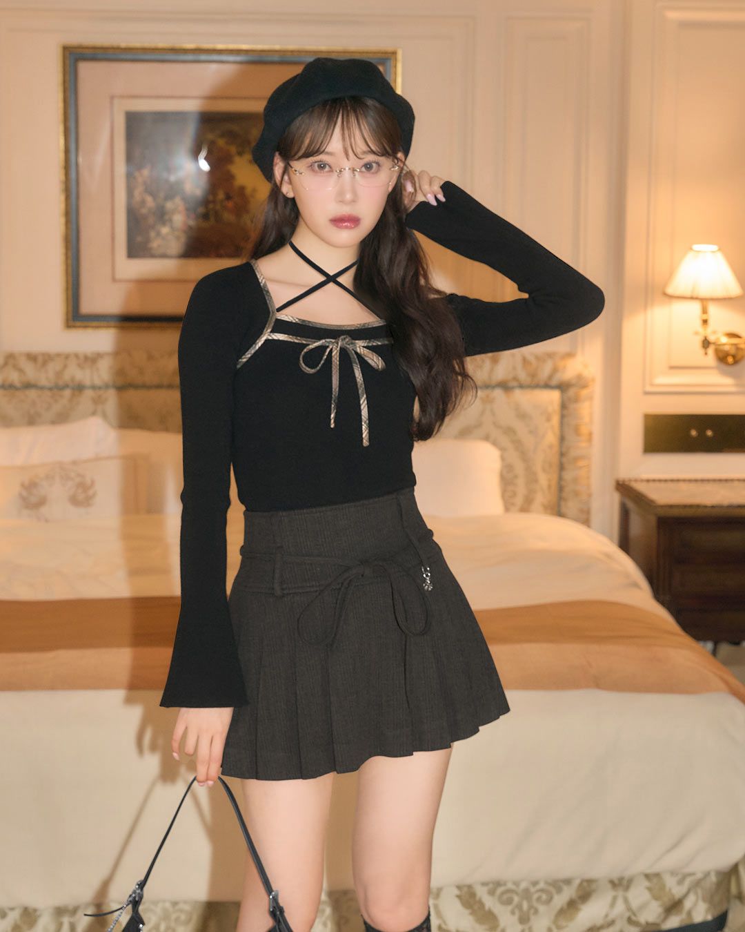 michellMacaron　チェックパイピングリボンニットトップス チェックパイピングリボンニットトップス ブラック | ファッション通販