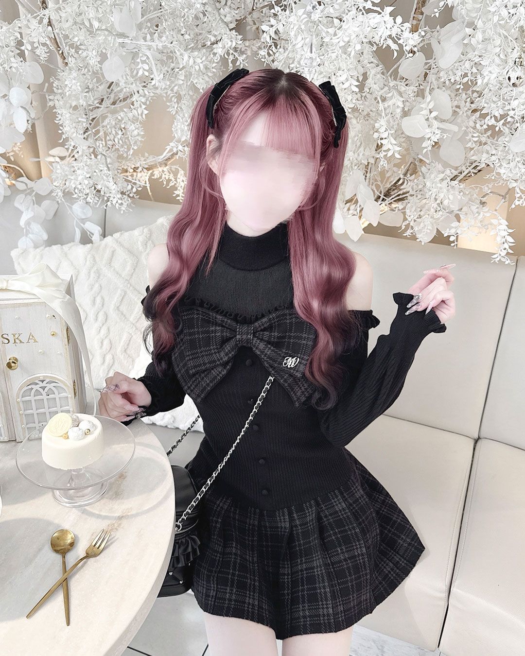 ミシェルマカロン　ハニーミュウ　チェックリボン肩空きプリーツワンピース　フリー チェックリボン肩空きプリーツワンピース ブラック | ファッション通販