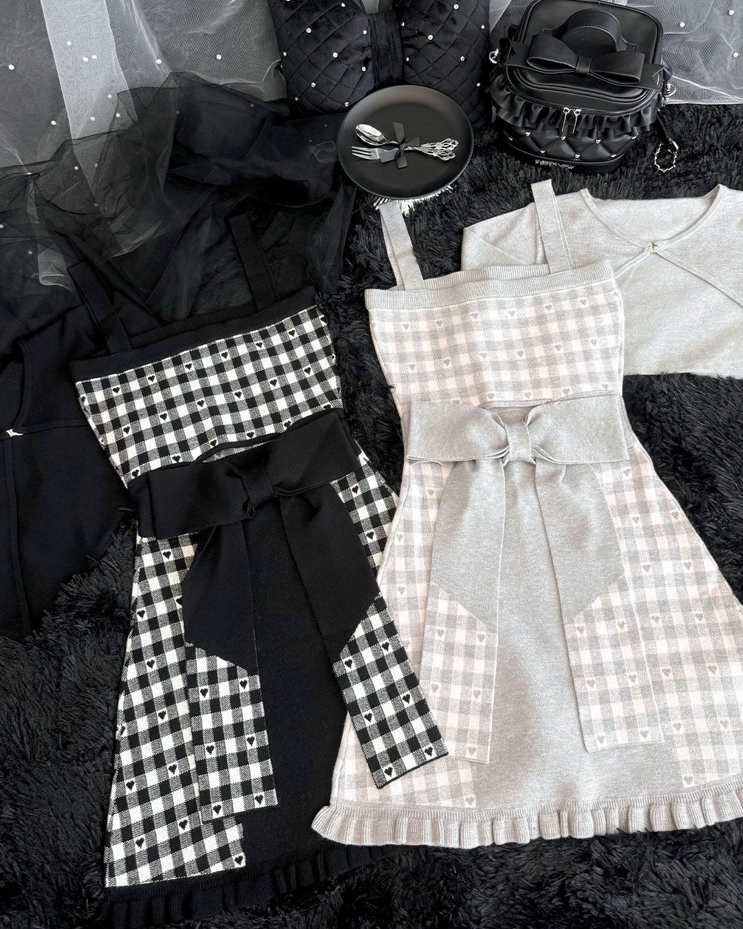 バックリボン×ギンガムハートアンサンブルワンピース ブラック