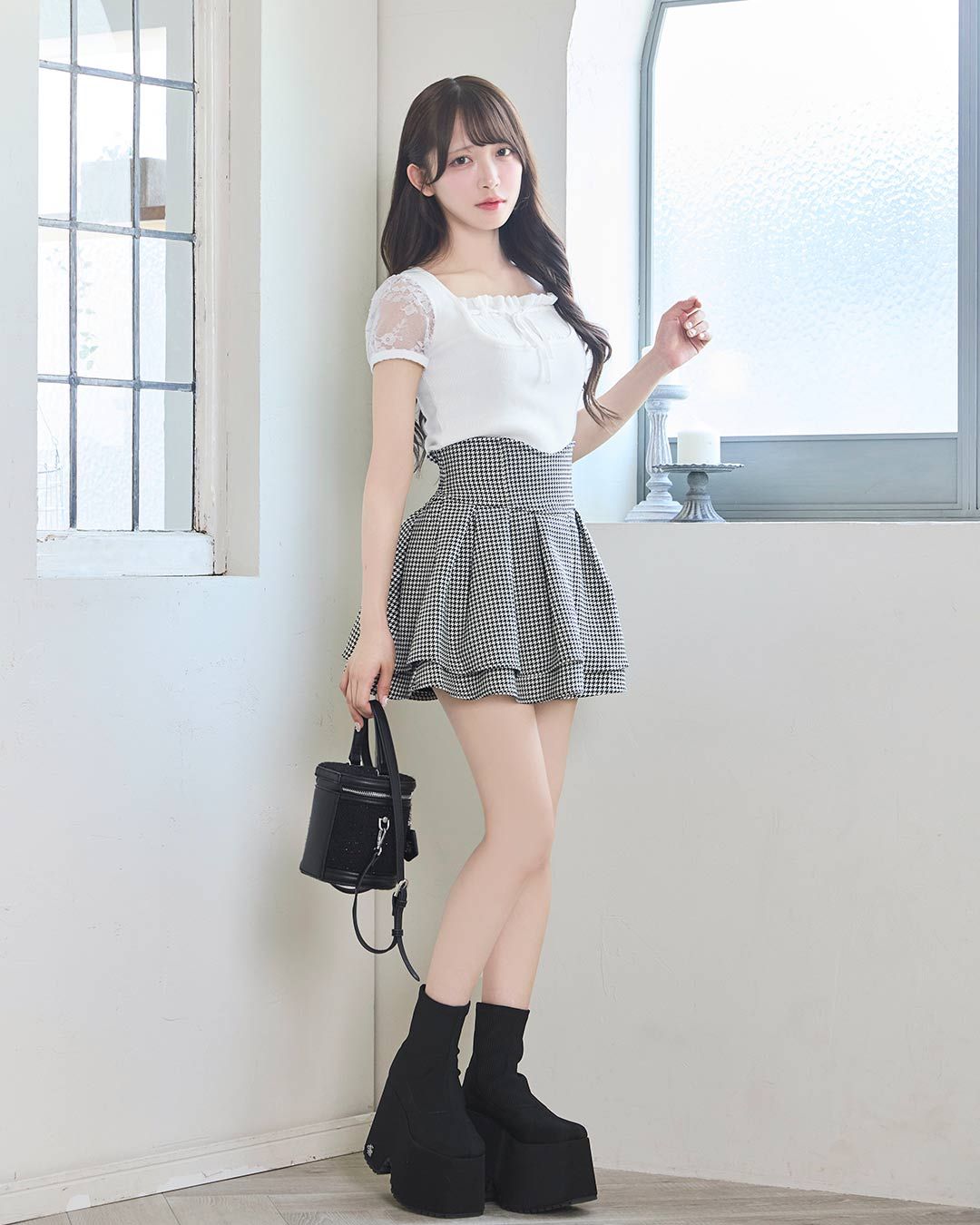 Sサイズ 美脚になれるスカート　千鳥柄　インナーパンツ付 美脚になれるスカート♥千鳥柄(インナーパンツ付き) ブラック