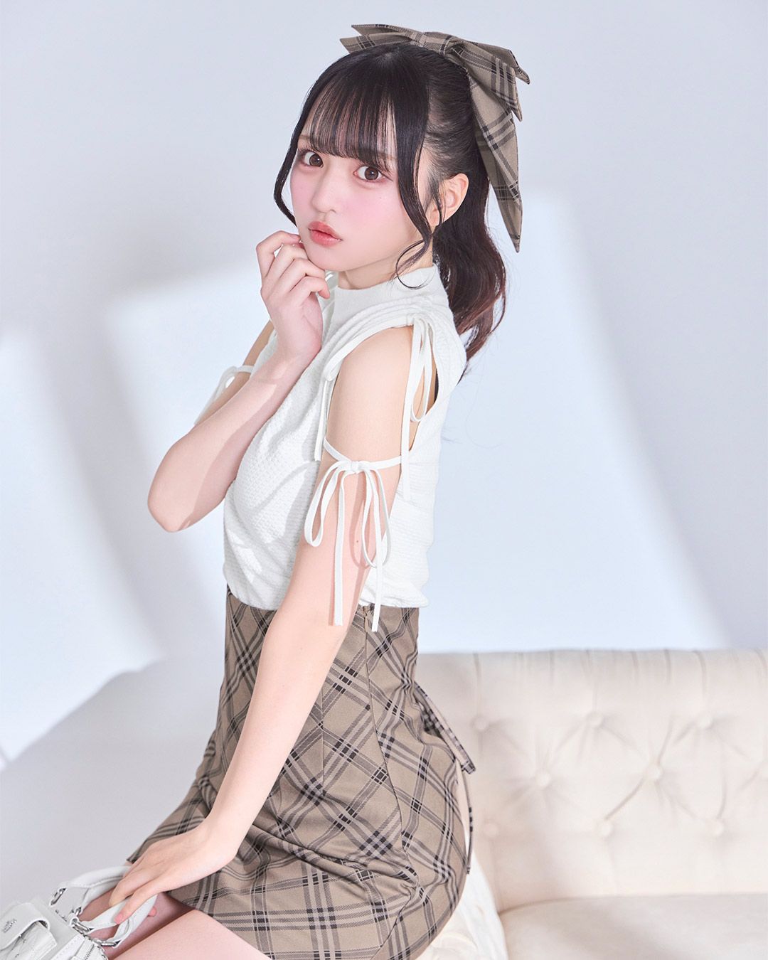 チェックくびれ♡美脚スカート＆ヘアアクセセット ベージュ