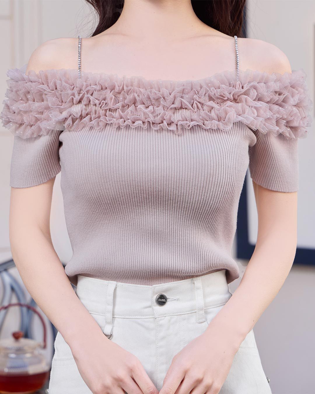 【新品未使用】 Treat Urself オフショルトップス ピンク one after another NICE CLAUP tシャツ ドロストリボン