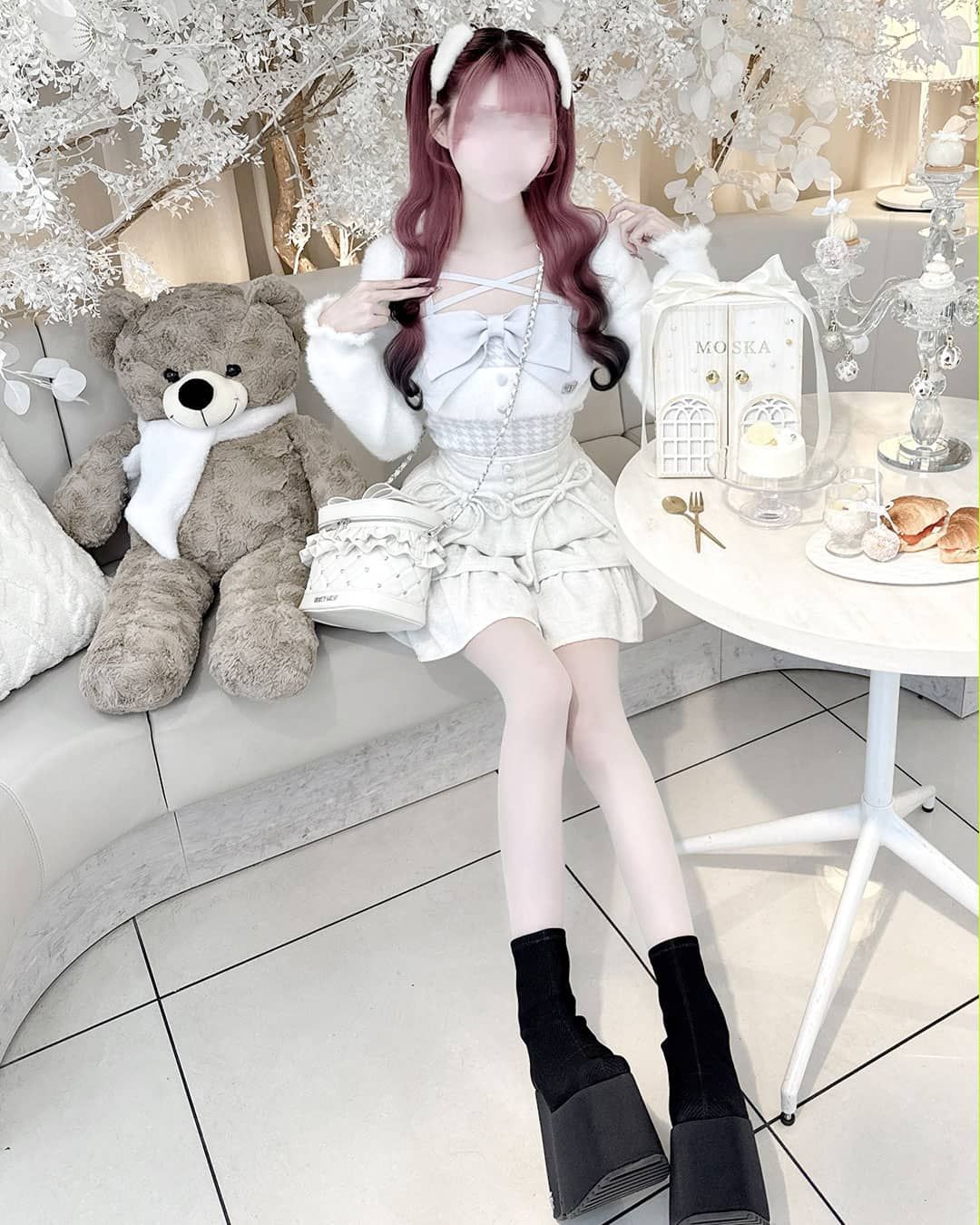 HONEYMEW ビッグリボンシャギーアンサンブルトップス 正規品 ビッグリボンシャギーアンサンブルトップス ホワイト | ファッション