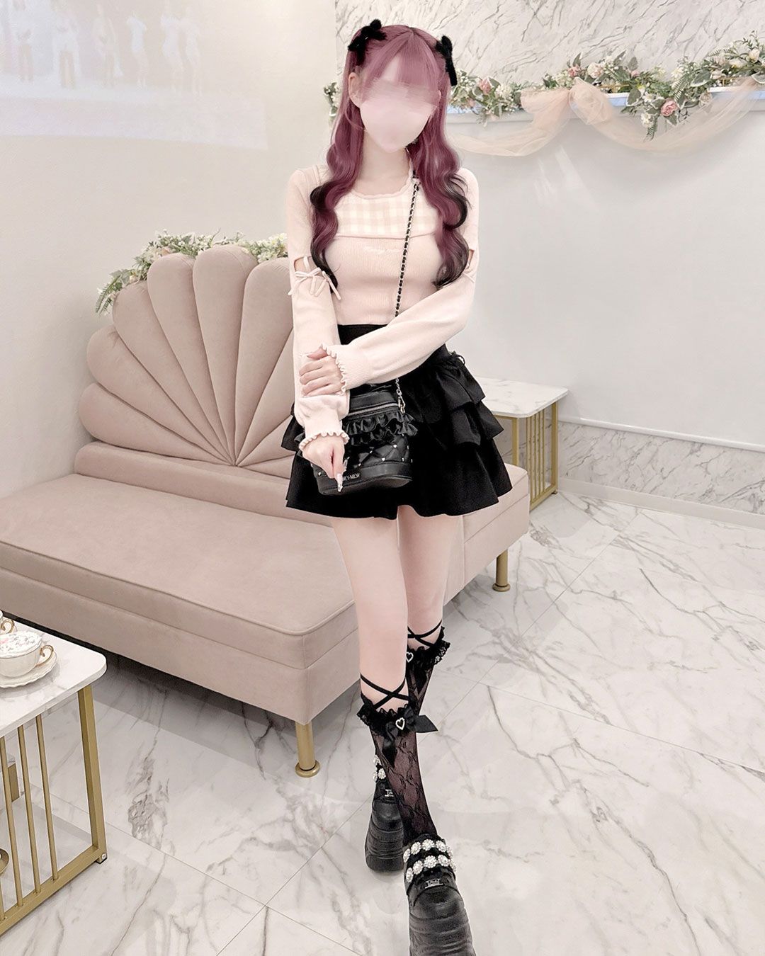 アームリボンスリットギンガムトップス ピンク | ファッション通販