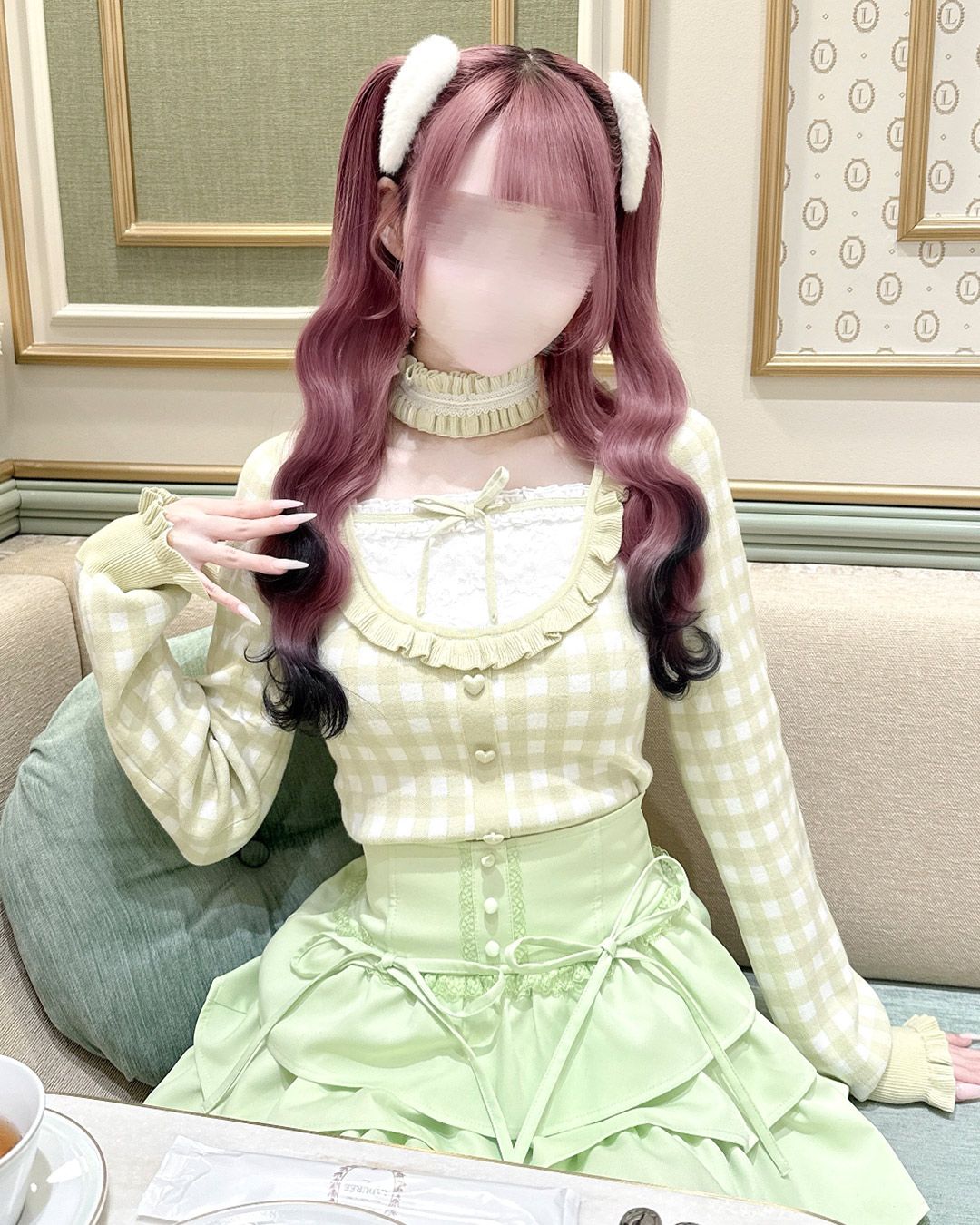 トップス PCHAN チョーカー付きギンガムチェックフリルトップス ミント | ファッション