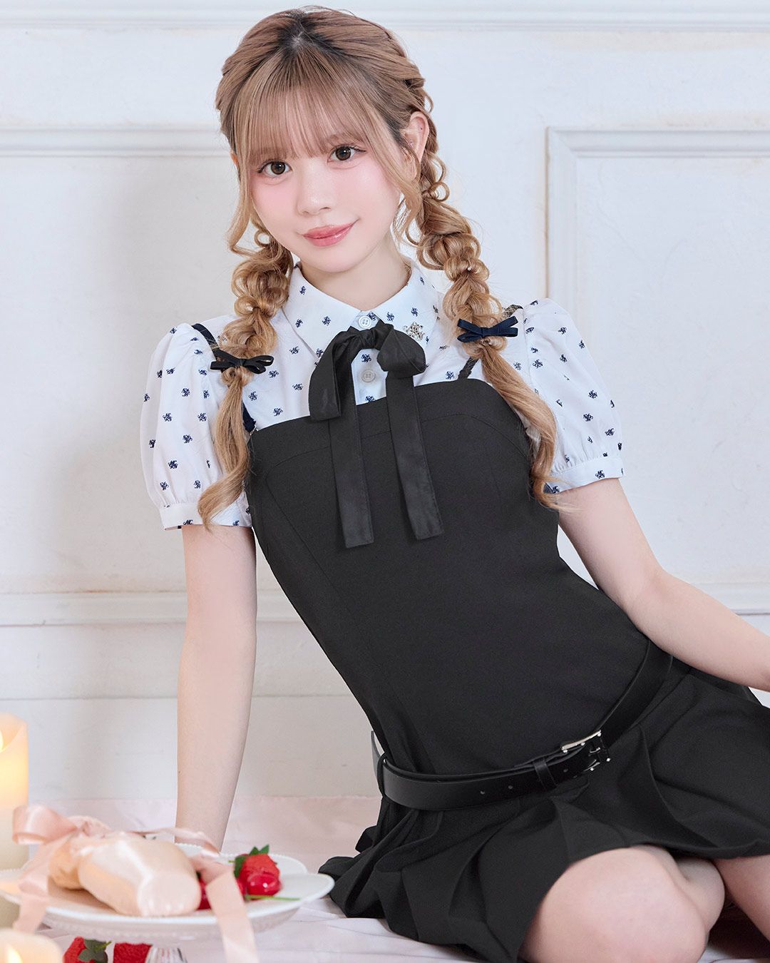 モノグラムシャツプリーツワンピース ブラック | ファッション通販